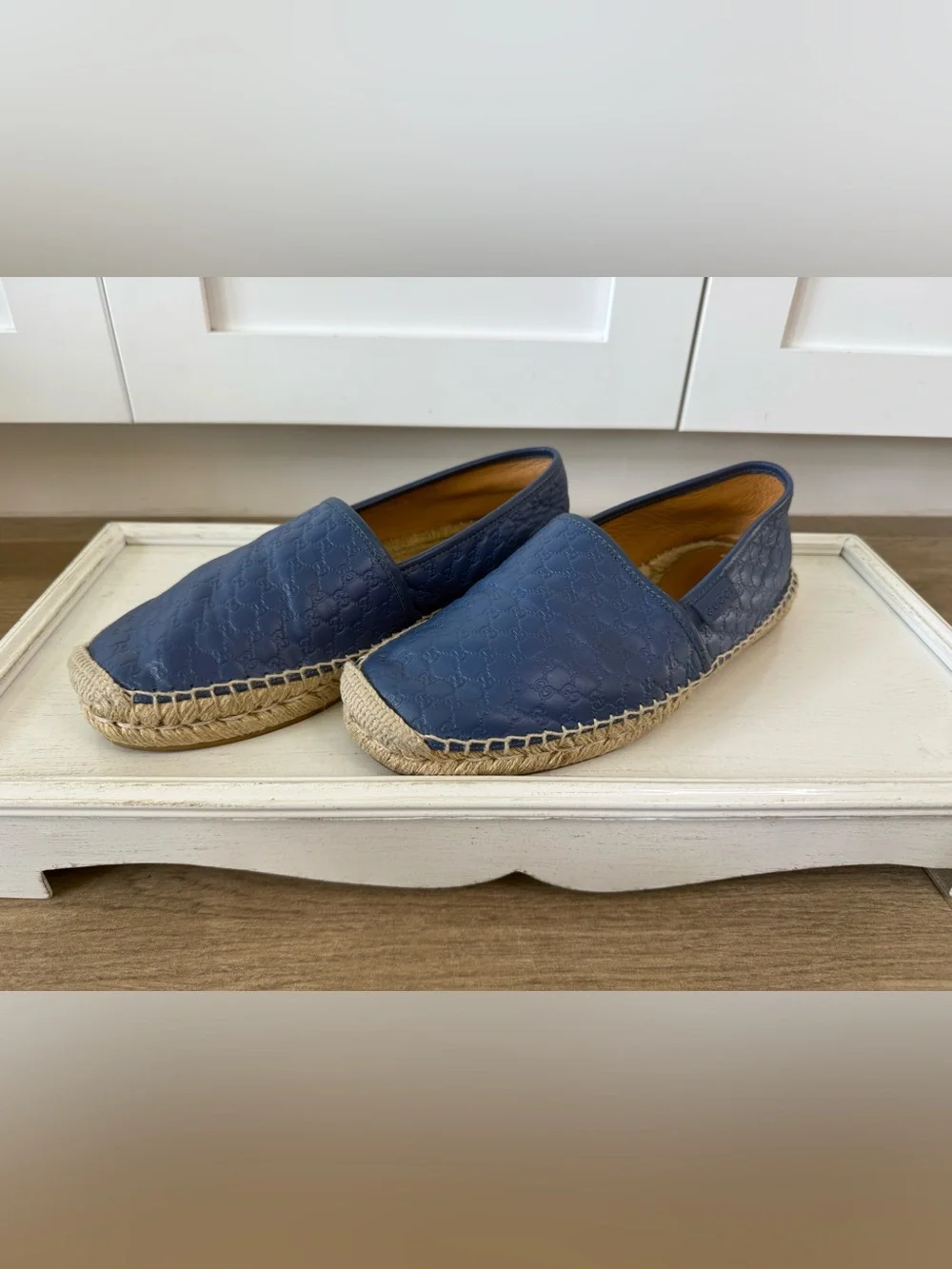 Gucci Navy Embossed Leather Espadrille Slip-Ons size 6